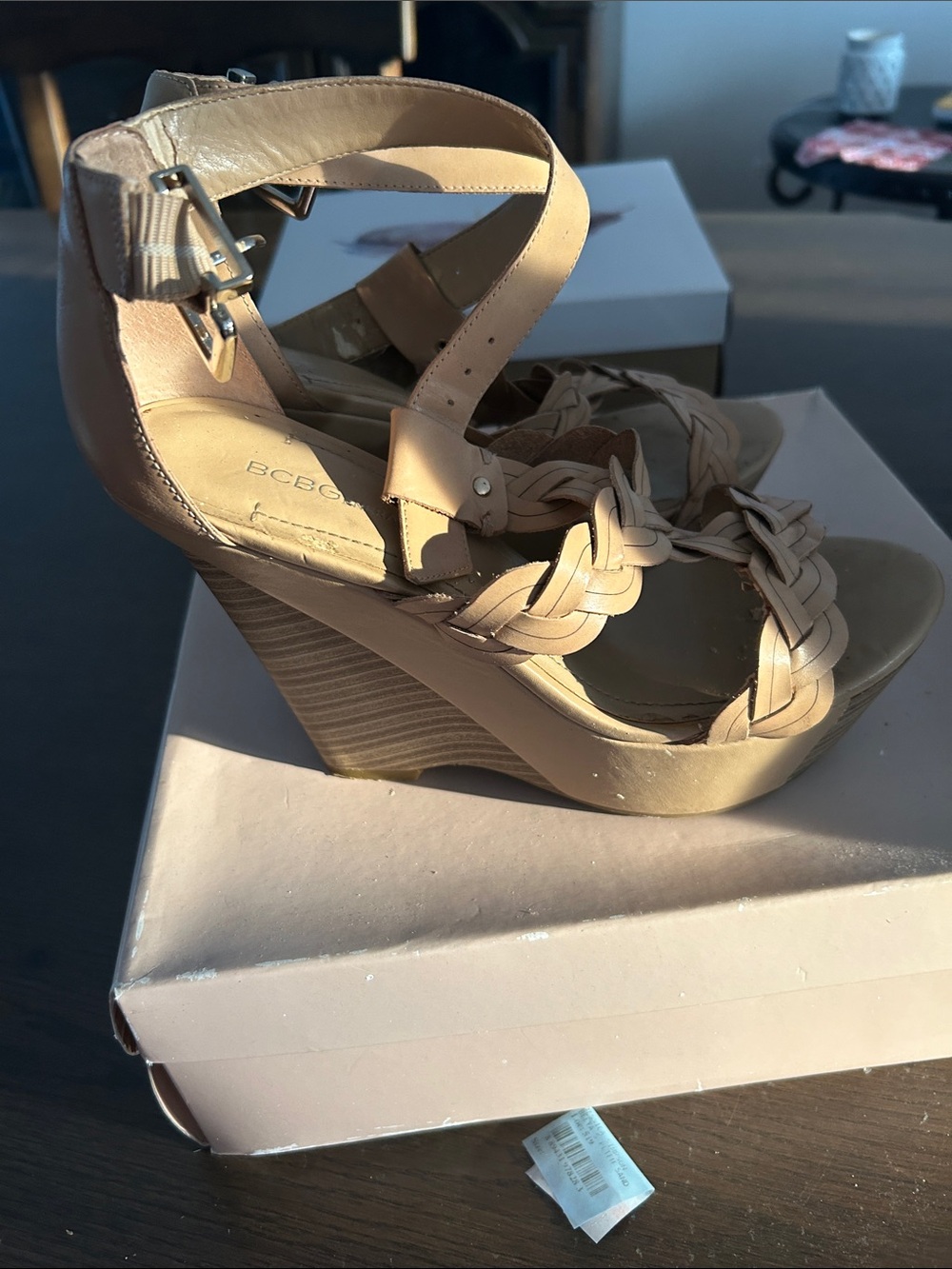 BCBG Beige Braided Ankle-Strap Wedge Sandals